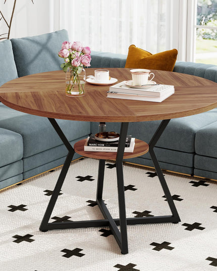 Giantex Table à manger ronde de 119 cm pour 4 personnes avec étagère de rangement et base en métal en forme de X