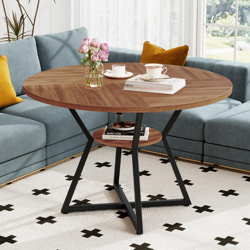 Giantex 47" Round Dining Table for 4 with Storage Shelf & X-Shaped Metal Base
