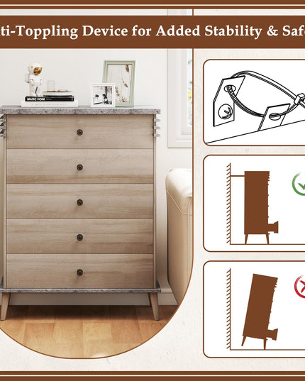 Giantex 5-Drawer Storage Cabinet with Rubber Wood Legs and Anti-Tipping Kit