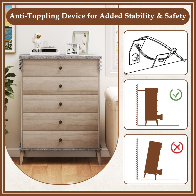 Giantex 5-Drawer Storage Cabinet with Rubber Wood Legs and Anti-Tipping Kit