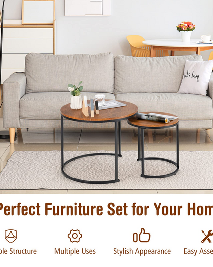 Nesting Coffee Table Set of 2, Round Stacking Side Tables w/Wooden Tabletop & Steel Frame