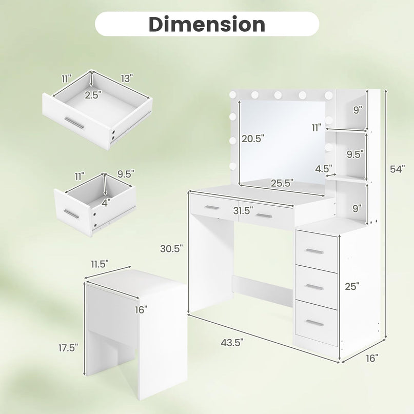 Vanity Desk with Mirror and Lights for Bedroom