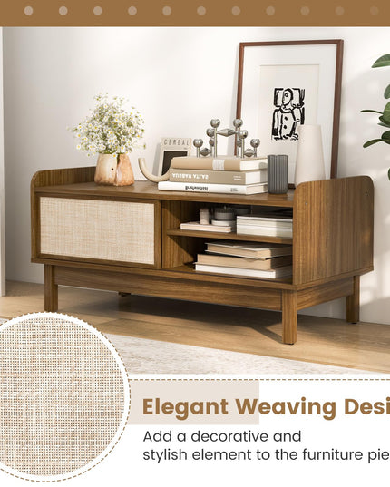 Giantex Coffee Table with Storage and Sliding Doors, Mid-Century Modern Coffee Table with Adjustable & Removable Shelf