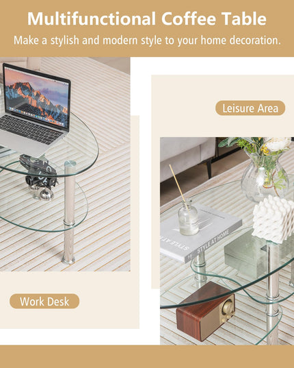 Giantex Oval Glass Coffee Table - 3-Tier Transparent Tempered Glass Center Table with Metal Stand, 35"× 20" ×18"