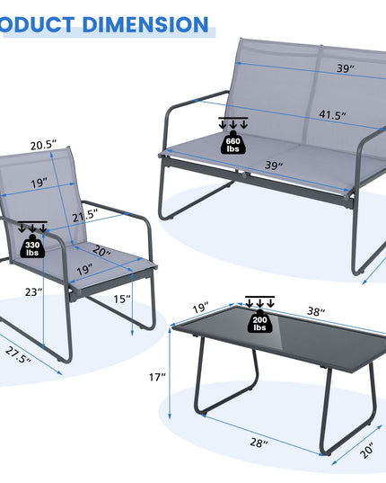 Giantex 4 Pieces Patio Furniture Set, Outdoor Conversation Set with 2 Patio Dining Chairs, Tempered Glass Coffee Table