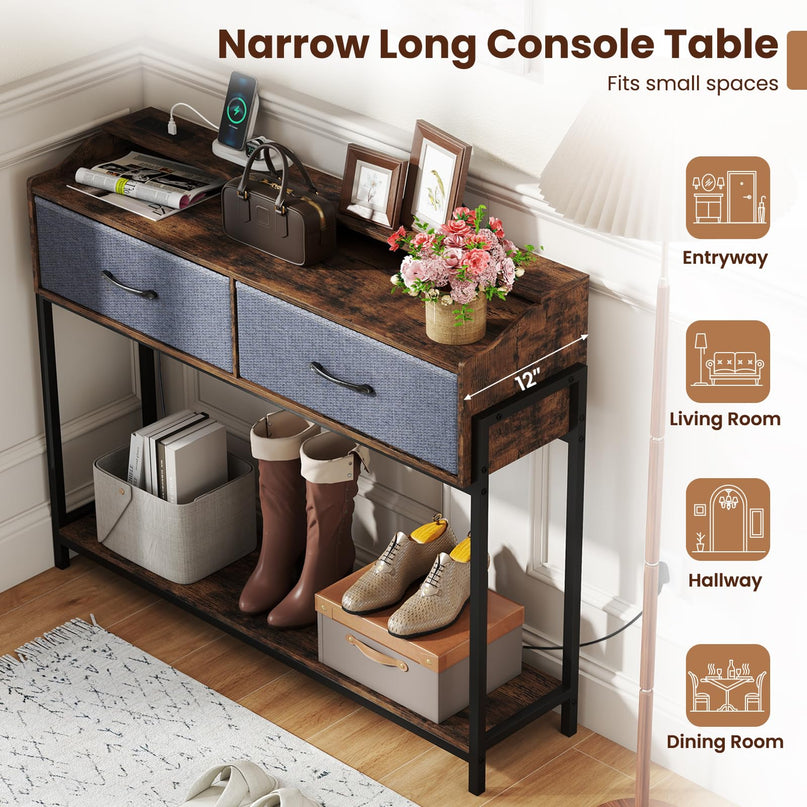 GIANTEX Console Table with Charging Station 43" Narrow Entryway Table