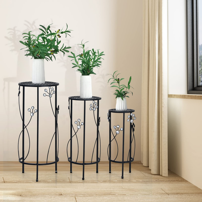 3 Pieces Flower Pots Display Rack with Vines and Crystal Floral Design