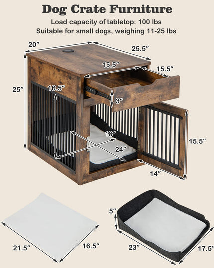 Giantex Dog Crate Furniture, Dog Kennel End Table with Chew-Proof Metal Fence, Lockable Door