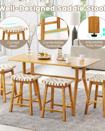 Giantex 25.5/31" Woven Bar Stools Set of 2/4, Faux PU Leather Counter Height Saddle Stools with Woven Curved Seat