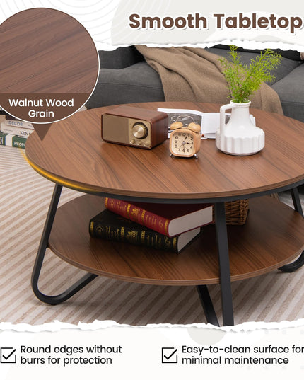 Giantex 2-Tier Round Coffee Table, 33.5" Wood Coffee Table with Open Storage Shelf