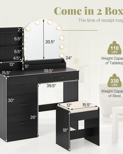 Vanity Desk with Lights - Makeup Vanity Table with Charging Station, 4 Drawers, 3 Storage Shelves
