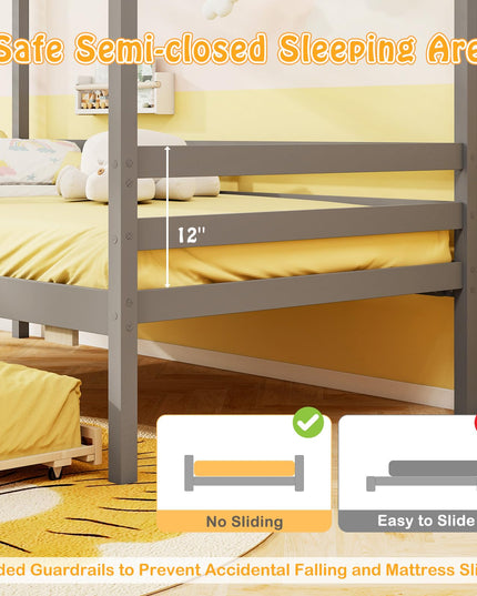 Giantex Twin House Bed with Trundle Bed Twin, Wooden Twin Bed Frames with Roof, Chimney & Window