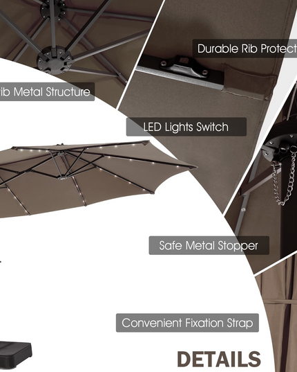 15ft Large Outdoor Umbrella Double-Sided, 48 Solar Lights, Auto-Charging Solar Panel