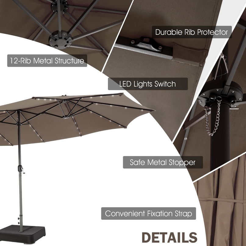 15ft Large Outdoor Umbrella Double-Sided, 48 Solar Lights, Auto-Charging Solar Panel