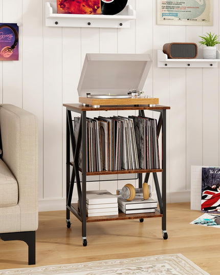 Giantex Record Player Stand with Charging Station, Turntable Stand with Record Storage & 4 Rolling Wheels