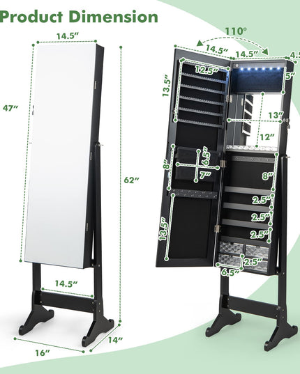 CHARMAID 6 LEDs Jewelry Cabinet Armoire with High Full length Mirror, Lockable Standing Jewelry Organizer Storage with lipstick Tray