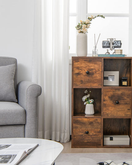 Giantex 6-Cube Bookcase with Drawers, 3-Tier Freestanding Wooden Bookshelf with Anti-toppling Device
