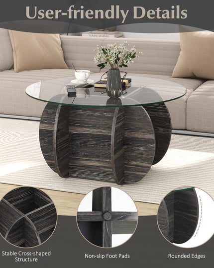 Giantex 35" Glass Round Coffee Table with Storage & Solid Wood Base
