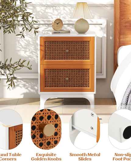 Giantex Rattan Nightstand with Drawers, Natural Rattan End Table, Cane Accent Bedside Table with Solid Wood Legs for Bedroom