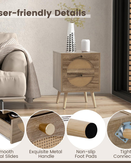 Giantex Rattan Nightstand Set of 2, Boho Bedside Tables with 2 Rattan Drawers