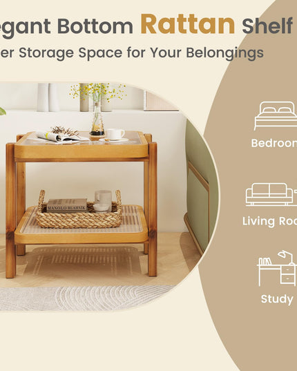 Giantex Rattan Side Table, Boho End Table for Living Room, Narrow Bedside Table with Tempered Glass Top