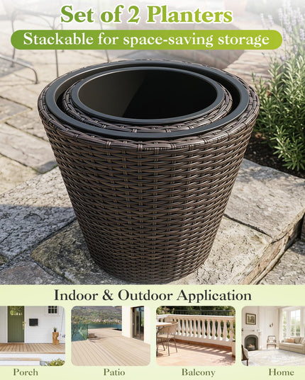 Giantex 15 Inch & 11.5 Inch Taper Rattan Planters with Drainage Holes and Saucers