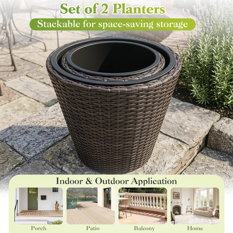 Giantex 15 Inch & 11.5 Inch Taper Rattan Planters with Drainage Holes and Saucers