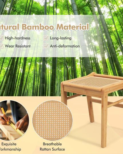 CHARMAID Vanity Stool, Bamboo Ottoman Foot Rest with Rattan Seat, Anti-Slip Foot Pads
