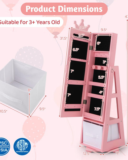 CHARMAID 360° Swivel Kids Jewelry Cabinet, 47" Full Length Mirror with Jewelry Storage