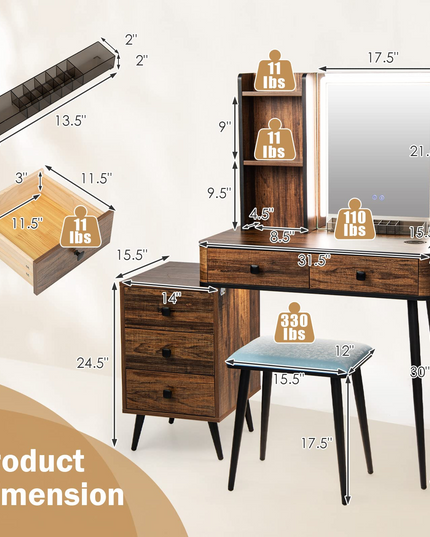 CHARMAID Vanity Set with Dimmable Lighted Mirror