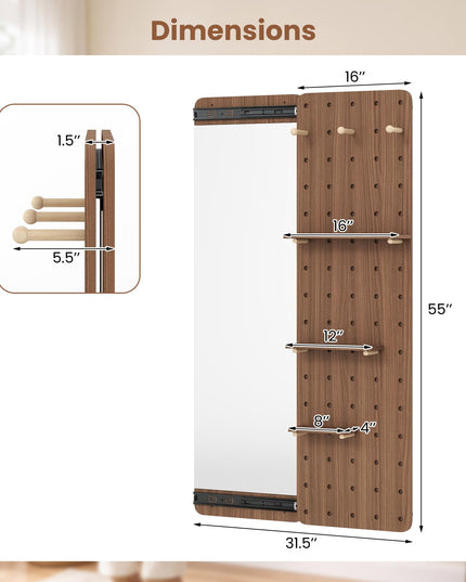 CHARMAID 55" Full Length Wall Mirror with Sliding Pegboard
