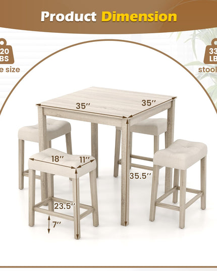 Giantex Dining Table Set for 4, 5-Piece Bar Table Set with 35”x35 Square Table, 18”x11 Padded Stools