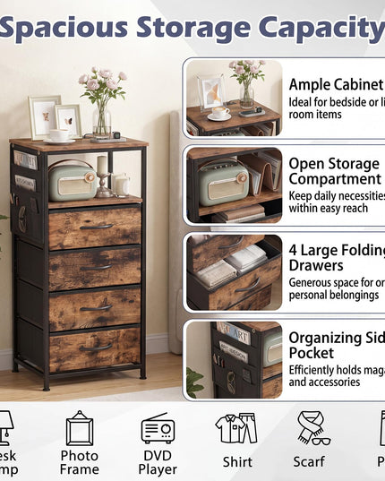 GIANTEX Modern 34" Bedside Table with 4 Fabric Drawers (1/2)