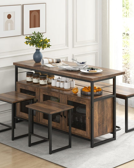 Giantex Dining Table Set for 4, Kitchen Island with Seating Bench & Stools, Storage Cabinet, 3-Position Adjustable Shelves