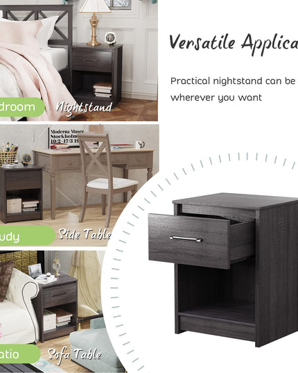 Nightstand w/Drawer, Wooden End Table w/Open Storage Compartment