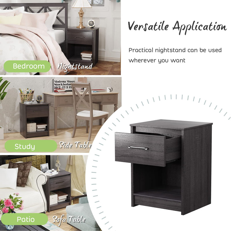 Nightstand w/Drawer, Wooden End Table w/Open Storage Compartment