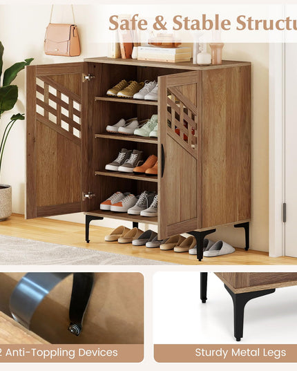 Meuble Organiseur de Chaussures Giantex à 4 Niveaux en Bois avec Portes Tressées Creuses et Étagères Amovibles