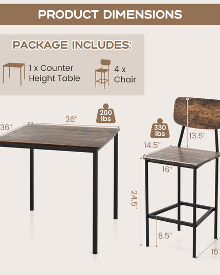Giantex 5-Piece Dining Table Set W/Counter Height Table & 4 Bar Stools
