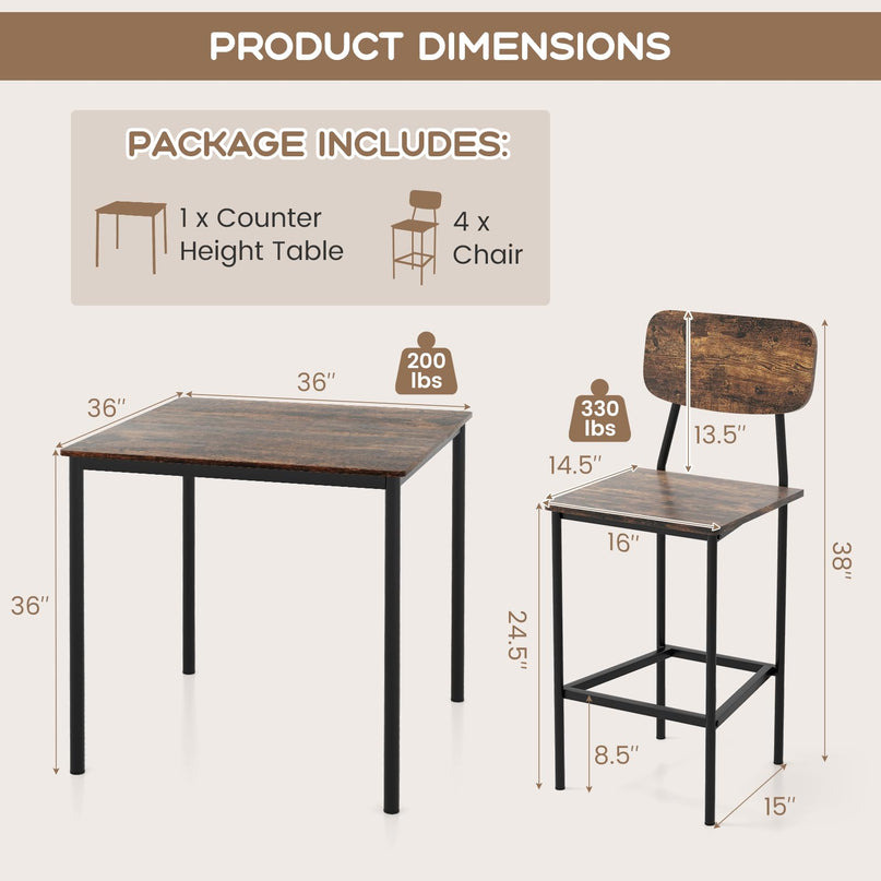 Giantex 5-Piece Dining Table Set W/Counter Height Table & 4 Bar Stools