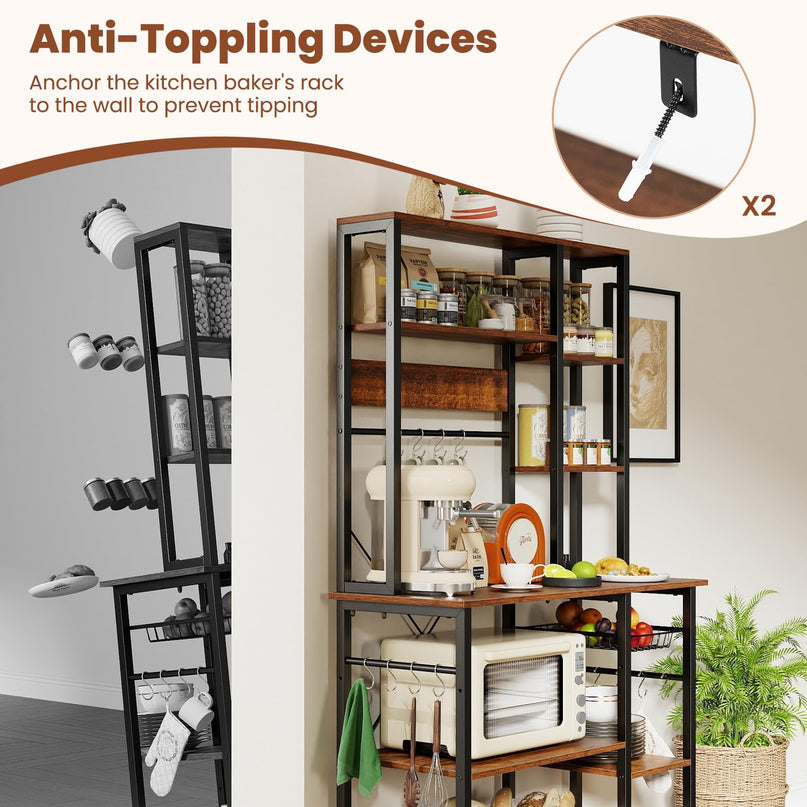 Giantex Large Bakers Rack with Power Outlet 6-Tier Microwave Stand with Wire Basket