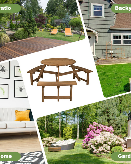 Giantex Wooden Picnic Table for 6 Person, Round Outdoor Table with 3 Benches, Umbrella Hole