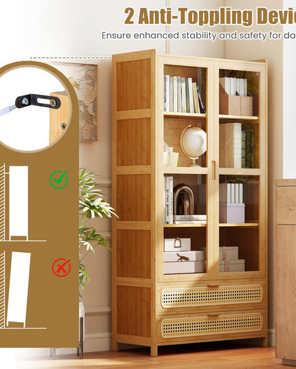 GIANTEX 54.5" Tall 6-Tier Freestanding Bamboo Bookshelf with 2 Acrylic Doors and 2 Drawers