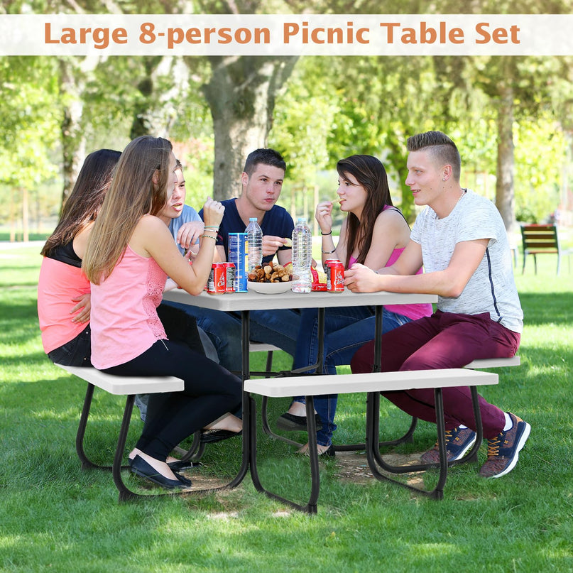 Giantex Picnic Table Set for 4-8 Persons, Outdoor Table and Bench Set with Umbrella Hole, HDPE Top & Metal Frame