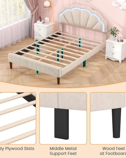 Giantex Full Size LED Bed Frame, Velvet Upholstered Full Platform Bed with Adjustable Cloud Headboard
