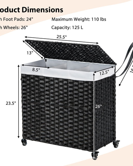 Panier à linge Giantex avec roulettes, panier à 3 sections de 125 L avec 2 sacs de doublure amovibles