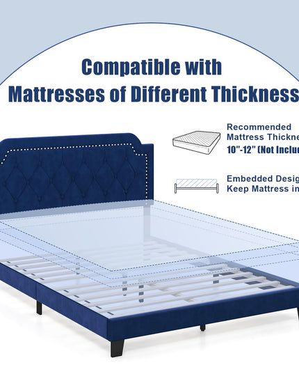 Giantex Velvet Queen Size Bed Frame, Upholstered Platform Bed with Button Tufted & Nailhead Trim Headboard