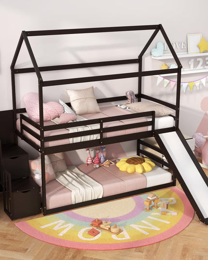 Giantex House Bunk Bed Twin Over Twin with Slide and Storage Stairs, Solid Wood Low Loft Bed Frame with Roof & Guardrail