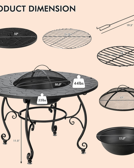 Fire Pit Table 4-in-1 Outdoor Dining Table, 36 Inch Multifunctional Metal Round Patio Table