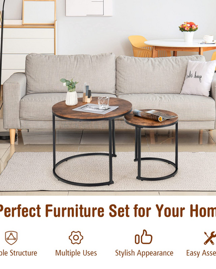 Nesting Coffee Table Set of 2, Round Stacking Side Tables w/Wooden Tabletop & Steel Frame