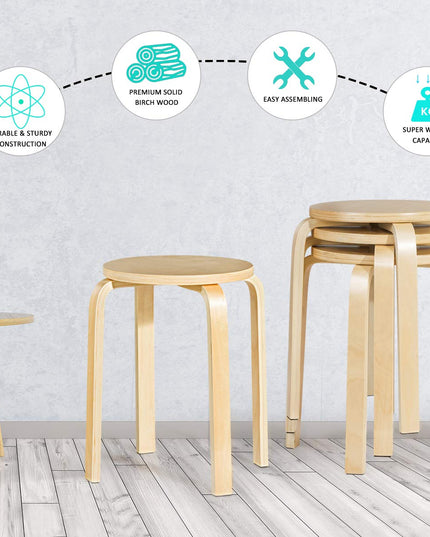 Stackable Bentwood Stools Set of 4, 18-Inch Height Backless Counter Chairs with Round Top, Anti-Slip Felt Pad